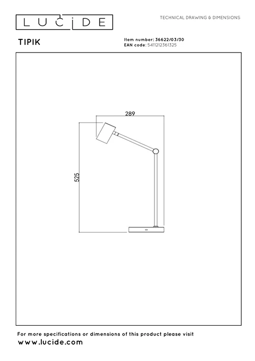 Lucide TIPIK - Lampe de bureau Rechargeable - Batterie/Piles - LED 3 StepDim - 1x3W 2700K - Noir - technique